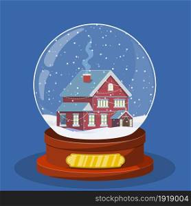 Christmas snow globe with house inside. Merry christmas holiday. New year and xmas celebration. Vector illustration in flat style. Christmas snow globe with house inside