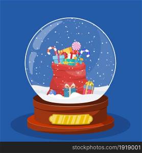 Christmas snow globe with red bag, sack with gift boxes inside. Merry christmas holiday. New year and xmas celebration. Vector illustration in flat style. Christmas snow globe with red bag
