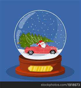 Christmas snow globe with Retro car with Christmas tree and gift boxes inside. Merry christmas holiday. New year and xmas celebration. Vector illustration in flat style. Christmas snow globe with Retro car