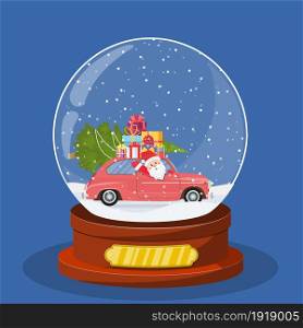 Christmas snow globe with Retro car with Christmas tree and gift boxes inside. Merry christmas holiday. New year and xmas celebration. Vector illustration in flat style. Christmas snow globe with Retro car