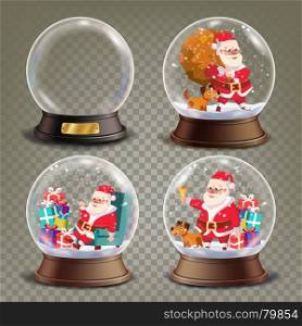 Christmas Snow Globe With Santa Claus And Gifts Vector. Realistic 3d Snow Globe Toy. Winter Xmas Design Element. Isolated On Transparent Background Illustration. Christmas 3d Classic Xmas Snow Globe Vector. Cartoon Santa Claus With Gifts. Glass Sphere With Glares And Gighlights. Isolated On Transparent Background Illustration