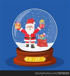 Christmas snow globe with santa claus and red bag, sack with gift boxes inside. Merry christmas holiday. New year and xmas celebration. Vector illustration in flat style. Christmas snow globe with santa claus