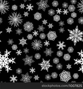 Christmas snow seamless pattern with beautiful snowflakes falling and scattered on tiled repeating ornament of winter snow