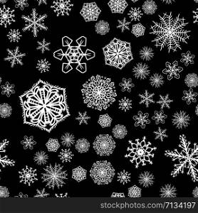 Christmas snow seamless pattern with beautiful snowflakes falling and scattered on tiled repeating ornament of winter snow
