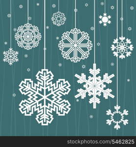 Christmas snow. Snowflakes hang on threads on a dark blue background. A vector illustration