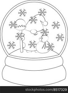 Christmas snowball with Gnome Santa. Draw illustration in black and white