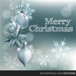 Christmas snowflake and decoration background with Merry Christmas message and silver baubles. Christmas snowflake and decoration background