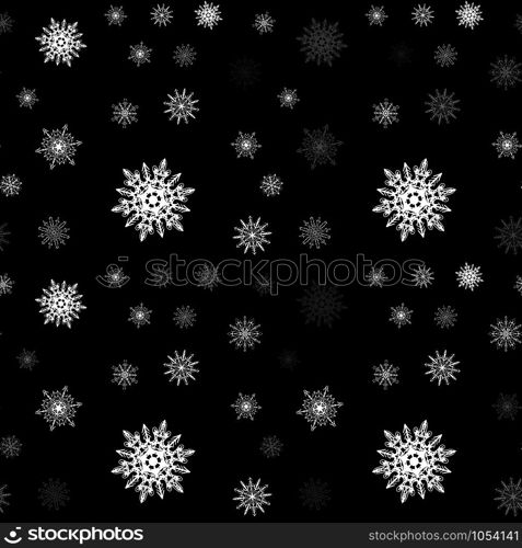 Christmas snowflake seamless pattern with falling snow made of beautiful spinning transparent snowflakes