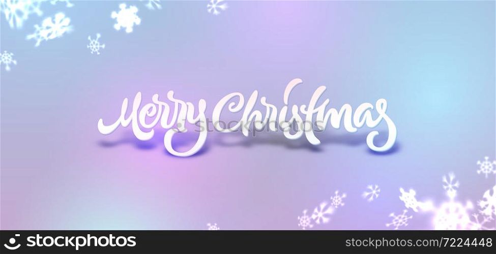Christmas snowflakes background with falling winter snow made of blurred shiny snowflakes with lettering or calligraphic greeting text and ornament for invitation, xmas card or holiday poster