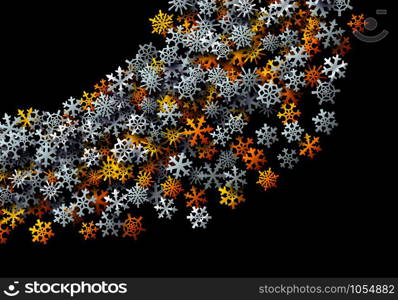 Christmas snowflakes scattered card for winter holidays with golden and silver foil snow