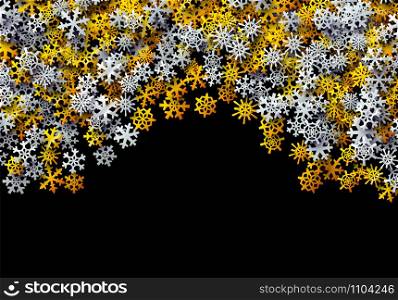 Christmas snowflakes scattered card for winter holidays with golden and silver foil snow