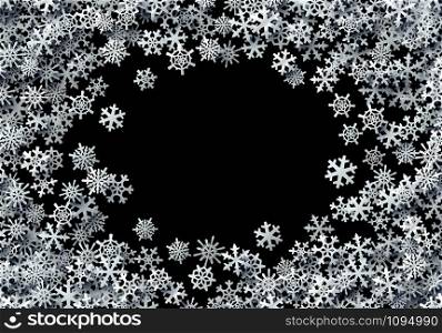 Christmas snowflakes scattered card for winter holidays with silver foil snow