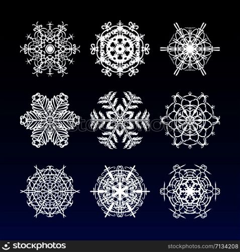 Christmas snowflakes set with complicated beautiful and filigree hand drawn snow stars for holiday ornaments, corporate greeting prints and xmas greeting cards