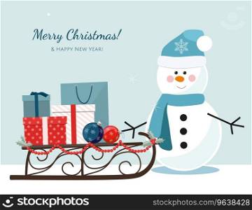 Christmas snowman and sleigh Royalty Free Vector Image