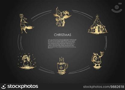 Christmas - snowman, fox and bird with gift,, warming cacao, Santa with presents, traditional tree with gifts vector concept set. Hand drawn sketch isolated illustration. Children outdoors - children playing football, soccer, golf, badminton and roller-skating vector concept set