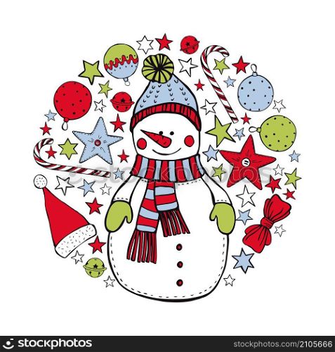 Christmas snowman in a hat in a circle of stars and balls. Vector sketch illustration.. Christmas snowman in a hat in a circle