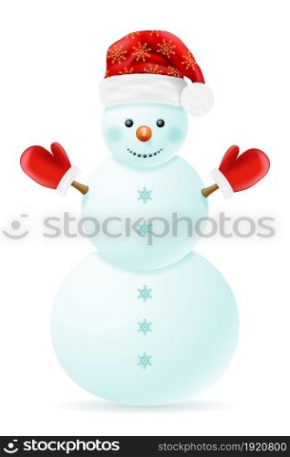 christmas snowman made of big snowballs with headdress vector illustration isolated on white background