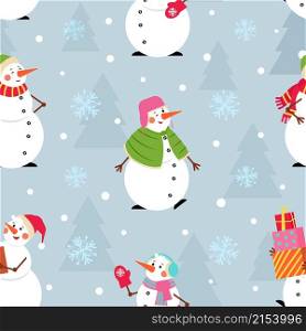 Christmas snowman pattern. Holiday snowmen, x-mas tree and winter characters. Seasonal childish clothes print, holy jolly vector seamless texture. Illustration of snowman, christmas holiday background. Christmas snowman pattern. Holiday snowmen, x-mas tree and cute winter characters. Seasonal childish clothes print, holy jolly decent vector seamless texture