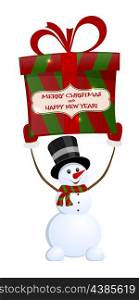 Christmas snowman with gift on white background