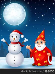Christmas snowman with red old wizard in the winter night background