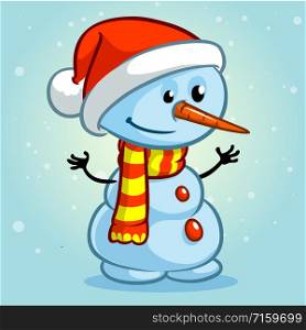 Christmas snowman with Santa hat and striped scarf isolated on snowy background. Vector illustration