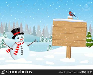 christmas snowman with wooden sign and pine trees. Merry christmas holiday. New year and xmas celebration. Vector illustration in a flat style. christmas snowman with wooden sign and pine trees