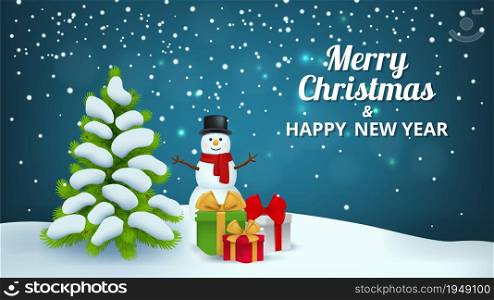 Christmas snowy background. Snowman gifts x-mas tree, new year festive banner vector illustration. Holiday christmas and snowman greeting, snowy scene xmas card. Christmas snowy background. Snowman gifts x-mas tree, new year festive banner vector illustration