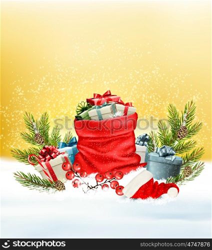 Christmas snowy background with a red sack with gift boxes.