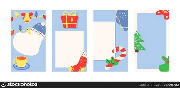 Christmas social media story template set. Advertising web design mockup with abstract shapes. Contemporary post layout with text space and flat illustrations. Trendy greeting card collection. Christmas social media story template set