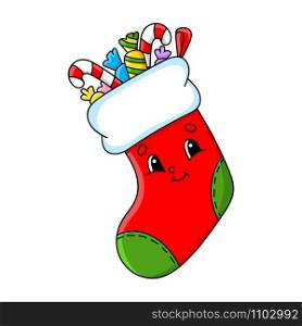 Christmas sock. Cute character. Colorful vector illustration. Cartoon style. Isolated on white background. Design element. Template for your design, books, stickers, cards, posters, clothes.