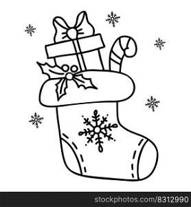 Christmas sock with gifts and caramel stick. Vector hand drawing in doodle style. For holiday decor, design, decoration and printing