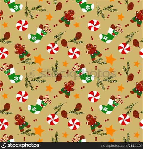 Christmas socks and gingerbread man seamless pattern. Christmas cookies and sweet concept.
