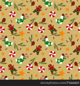 Christmas socks and gingerbread man seamless pattern. Christmas cookies and sweet concept.