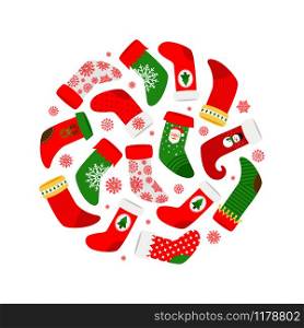 Christmas socks and snowflakes round banner, vector illustration. Christmas socks and red snowflakes round banner
