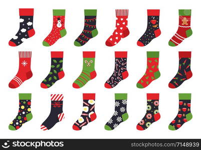 Christmas socks. Cartoon trendy flat clothing element and winter celebration attributes with patterns and ornaments. Vector set holiday colorful stocking illustrations like winter colorful ornate. Christmas socks. Cartoon trendy flat clothing element and winter celebration attributes with patterns and ornaments. Vector set