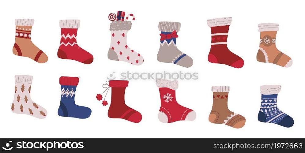 Christmas socks. Contemporary abstract doodle holiday stocking for Xmas gifts with New Year tree and winter ornaments. Festive decoration. Warm wool foot clothing collection. Vector accessories set. Christmas socks. Contemporary doodle holiday stocking for Xmas gifts with New Year tree and winter ornaments. Festive decoration. Wool foot clothing collection. Vector accessories set