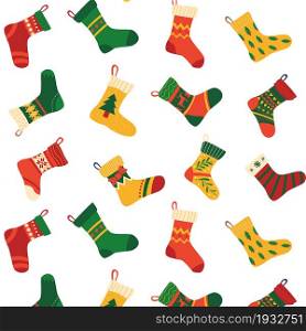 Christmas socks pattern. Seamless background with contemporary doodle celebration stocking for New Years presents. Winter texture for greeting cards. Decor textile, wrapping paper. Vector xmas print. Christmas socks pattern. Seamless background with contemporary doodle celebration stocking for New Years presents. Winter texture for greeting cards. Decor textile vector xmas print