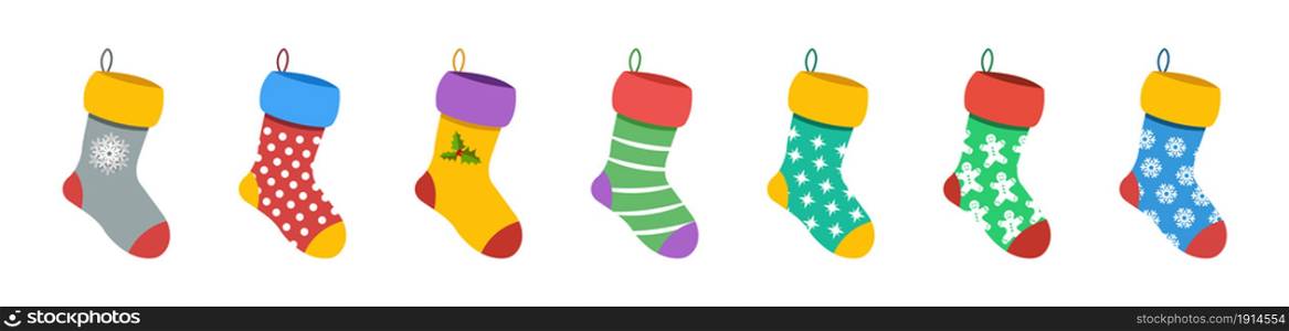 Christmas socks. Vector illustration. Merry Christmas and Happy New Year. Socks collection. EPS 10.. Christmas socks. Vector illustration. Merry Christmas and Happy New Year. Socks collection.