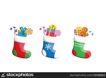 Christmas socks with gifts. New year and xmas celebration. Vector illustration in flat style. Christmas socks with gifts