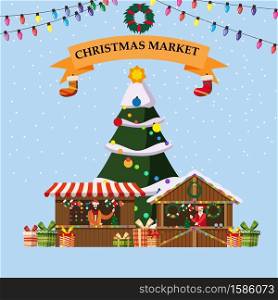 Christmas souvenirs market stalls with decorations and gifts. Christmas souvenirs market stalls with decorations and gifts. Big Christmas tree Xmas shops with garlands decorations. Christmas wooden gift shop kiosks vector illustration isolated