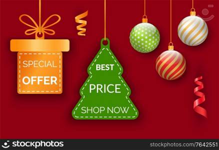 Christmas special offers on gifts. Vector toys for Xmas fir like box with ribbon and tree, holiday balls. Discounts in stores, illustration of advertising. Red promotion poster, best price on presents. Christmas Special Offer on Gifts, Best Price