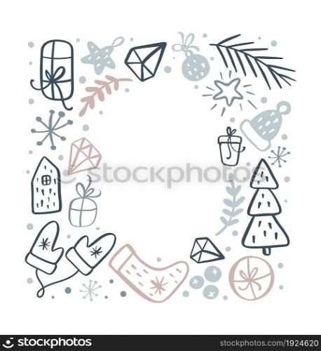Christmas square frame of xmas doodle scandinavian elements with place for text. Vector holiday border wreath Greeting card for winter holidays Merry Christmas and Happy New Year.. Christmas square frame of xmas doodle scandinavian elements with place for text. Vector holiday border wreath Greeting card for winter holidays Merry Christmas and Happy New Year