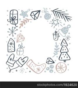 Christmas square frame of xmas doodle scandinavian elements with place for text. Vector holiday border wreath Greeting card for winter holidays Merry Christmas and Happy New Year.. Christmas square frame of xmas doodle scandinavian elements with place for text. Vector holiday border wreath Greeting card for winter holidays Merry Christmas and Happy New Year