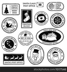 Christmas stamp. Vintage Santa Claus postmark, north pole mail cachet and greeting snowflake symbol on typography stamps. Xmas holiday vector isolated symbol illustration set. Christmas stamp. Vintage Santa Claus postmark, north pole mail cachet and snowflake symbol on stamps vector illustration set