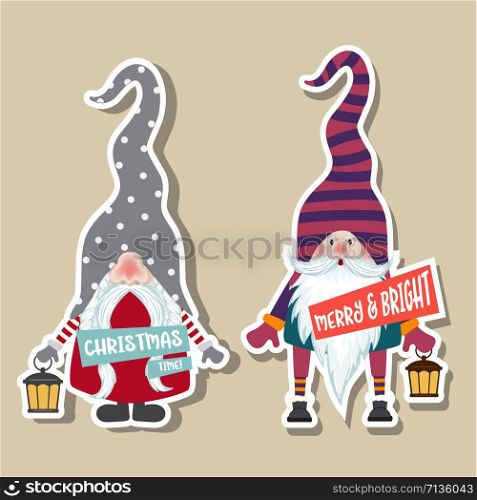 Christmas stickers collection with cute gnomes and wishes. Flat design