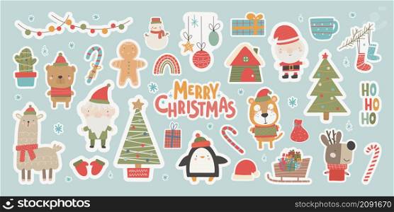 Christmas Stickers the collection in a cute style with traditional elements of Christmas and New Year Vector illustration. Christmas Stickers the collection in a cute style with traditional elements of Christmas and New Year