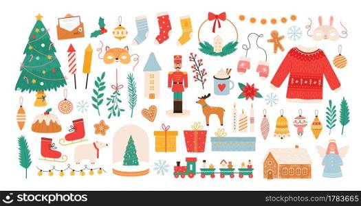 Christmas stickers. Winter holiday decorations, xmas tree, gift boxes, baubles, masks, candles and gingerbread man. New Year flat vector set. Illustration gingerbread and gift design, decoration xmas. Christmas stickers. Winter holiday decorations, xmas tree, gift boxes, baubles, masks, candles and gingerbread man. New Year flat vector set