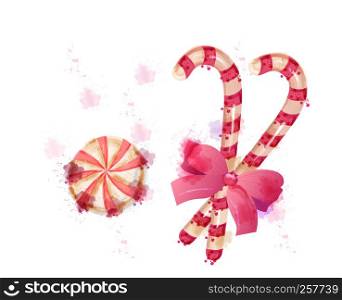 Christmas sticks candy Vector watercolor. Candies with red cute bow splash colors illustration