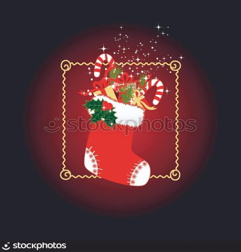 Christmas stocking with colorful Christmas gifts on red background