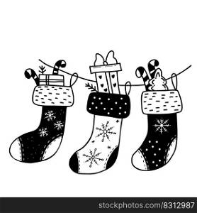 Christmas stockings with gifts. Vector hand drawing in doodle style. For holiday decor, design, decoration and printing